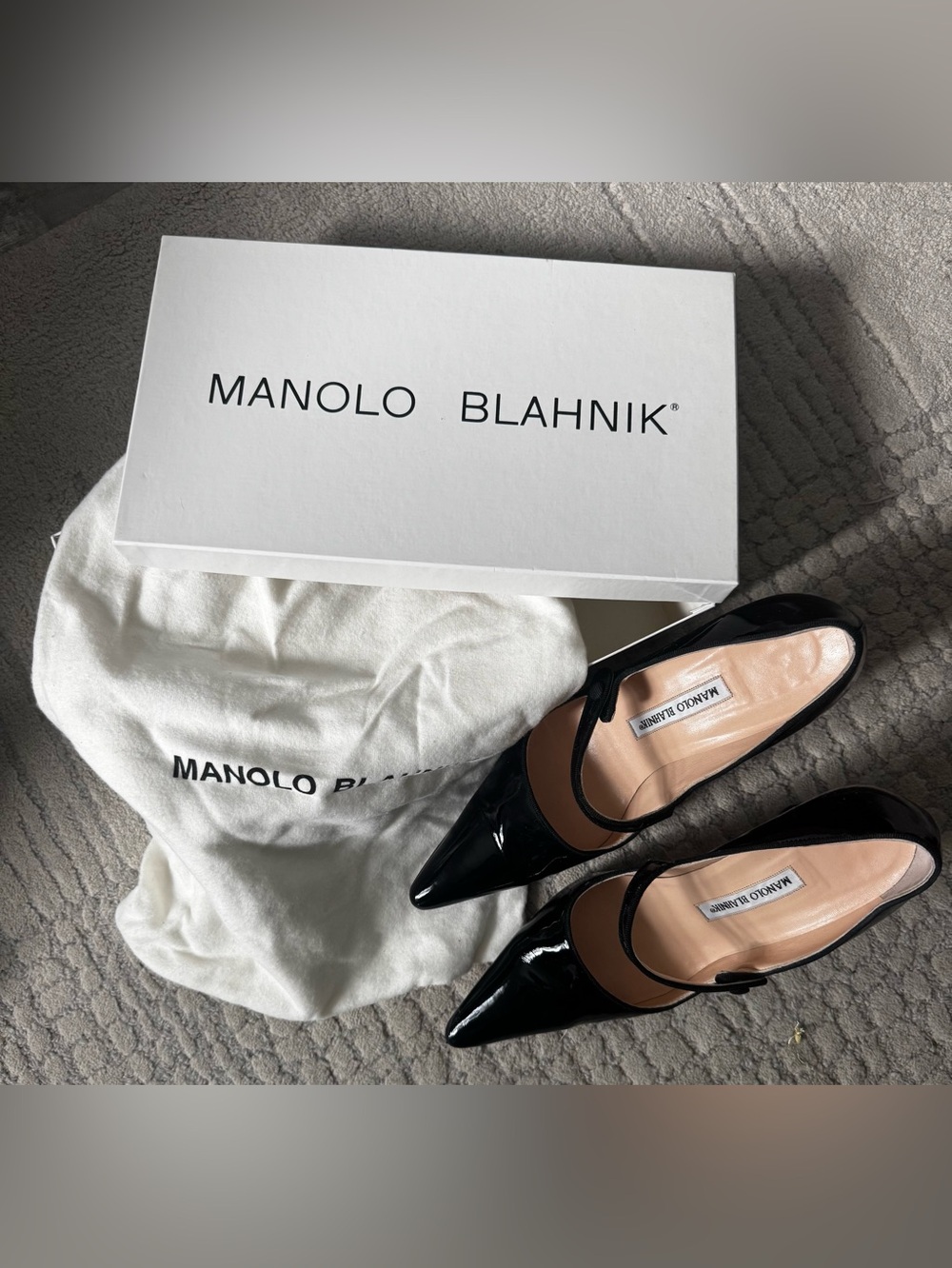 Manolo Blahnik Campari Black Patent Leather Mary Jane Pumps with Box & Dust Bag